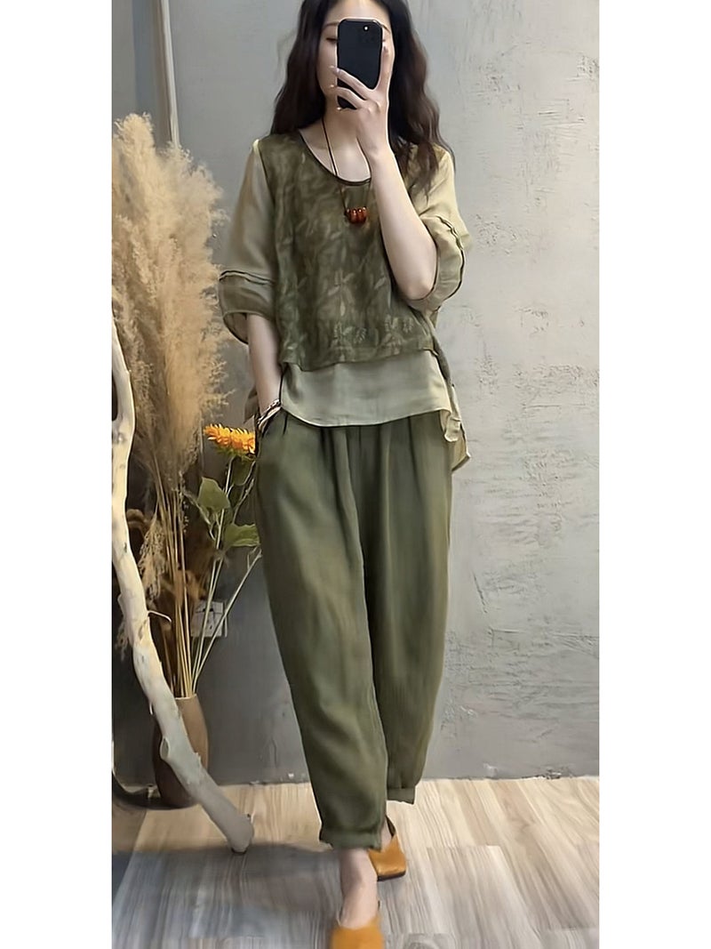2238 # Fashionable Cotton And Linen Suit For Women 2023 Style Printed Splicing Top Harem Pants Slimming Look Two-Piece Set - Image 4